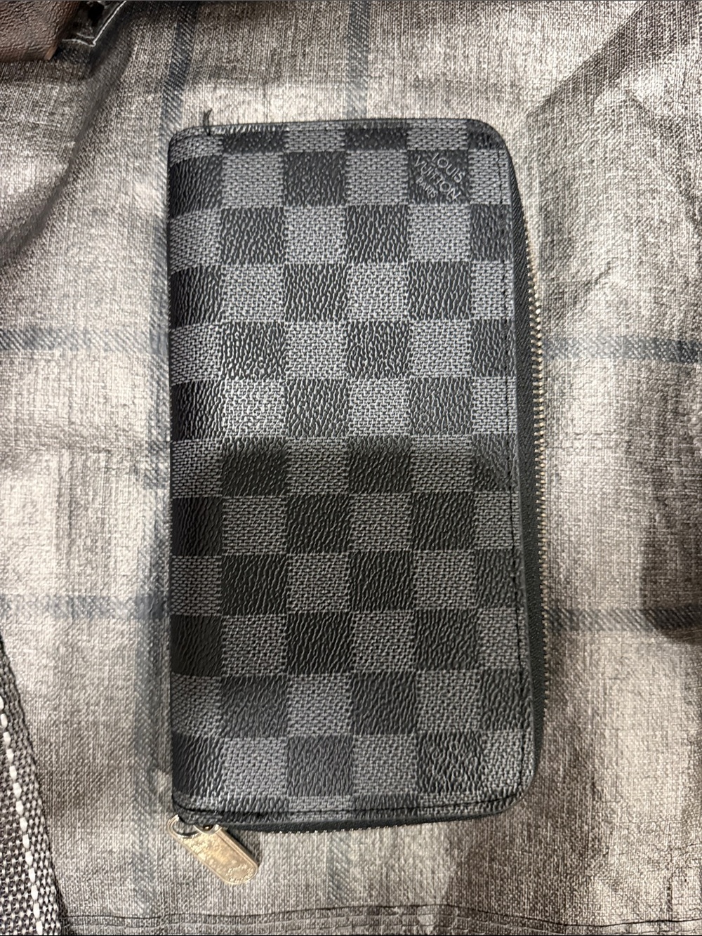Checkered Black and Gray Zip-Around Wallet